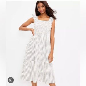 LOFT Petite Clip Stripe Smocked Ruffle Midi Dress